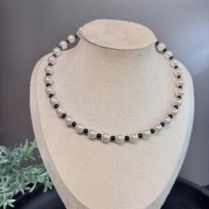 Faux Pearl Necklace 18 In |‎ Black Spacer Beads | Gothic Boho Minimal Layering